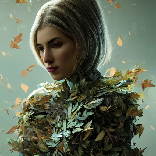 Prompt: a highly detailed digital image of a futuristic woman elegantly wrapped with leaves, by Andrea Chiampo, artstation and Frederik Heyman, extremely detailed woman, stunning volumetric lighting, hyper realism, fantasy 4k