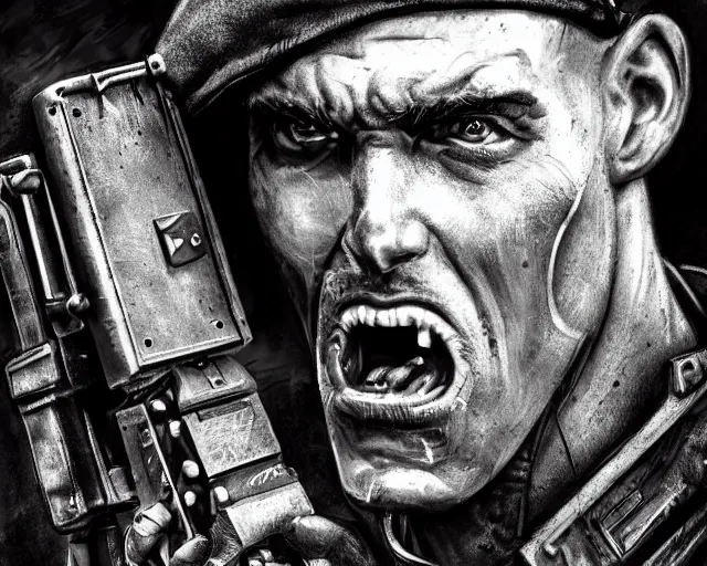 Image similar to A soldier with a hateful face holding a machine gun, world war 1, close-up, realistic face, beautiful face detail, mature facial features, black and white, amazing digital art, hyper detailed, artstation, in the style of Tony Sart