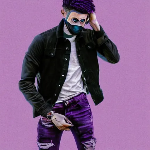 Image similar to professional colored sketch of a full-body view of a stylish young adult man with short hair wearing a black face mask, a striped long-sleeved shirt, and ripped jeans, high quality, HD, 8K, highly detailed, award-winning, dark purple clouds