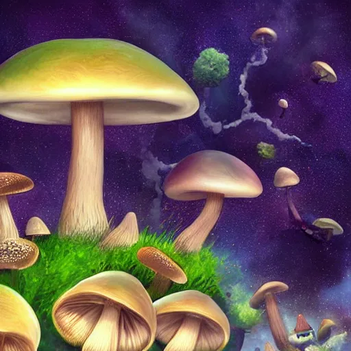 Prompt: mushrooms growing on a lost spaceship floating through the universe, 8k high definition digital art, trending on artstation