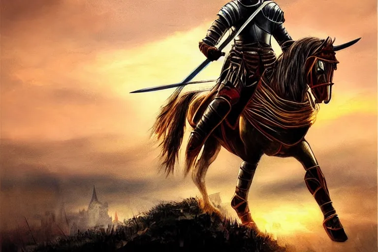 Image similar to knight, sword, fantasy, painting, ultra realistic!!!, clear weather, golden hour, sharp focus