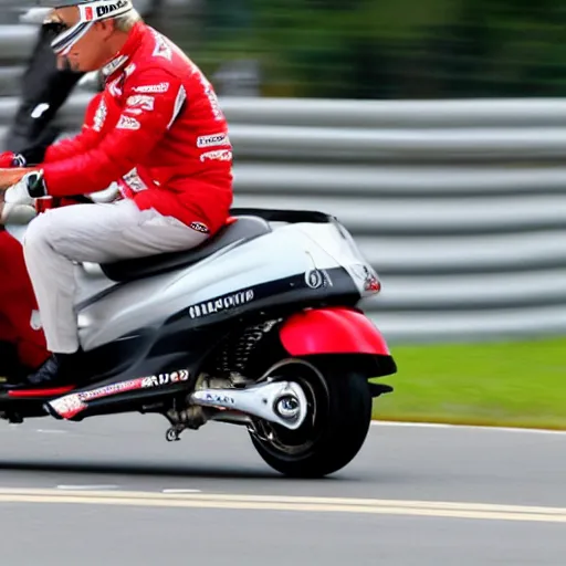 Prompt: michael schumacher racing a mobility scooter