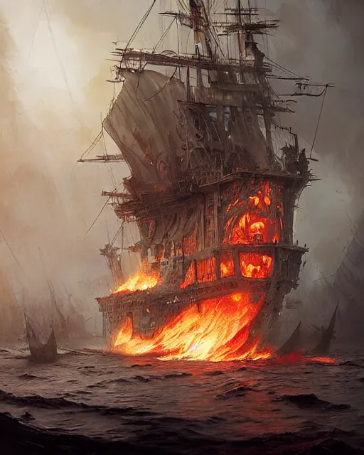 Image similar to a highly detailed epic cinematic concept art CG render digital painting artwork: Pirate ghost ship on fire. By Greg Rutkowski, in the style of Francis Bacon and Syd Mead and Norman Rockwell and Beksinski, open ceiling, highly detailed, painted by Francis Bacon and Edward Hopper, painted by James Gilleard, surrealism, airbrush, Ilya Kuvshinov, WLOP, Stanley Artgerm, very coherent, triadic color scheme, art by Takato Yamamoto and James Jean