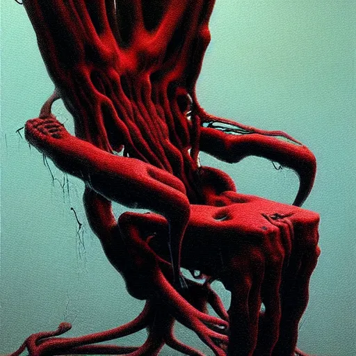 Image similar to horrifying eldritch gaming chair, painting by zdzisław beksinski, product photograph, 4 k, dark atmosphere, horror, veins, oozing