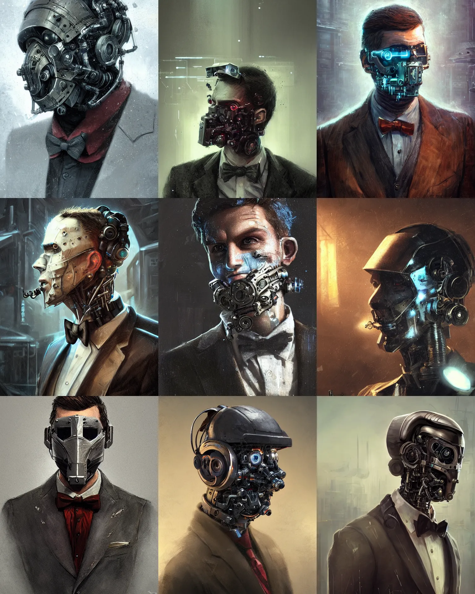 Image similar to a rugged young engineer man with cybernetic enhancements wearing a suit and bowtie, detailed mask, scifi character portrait by greg rutkowski, esuthio, craig mullins, 1 / 4 headshot, cinematic lighting, dystopian scifi gear, gloomy, profile picture, mechanical, half robot, implants, steampunk