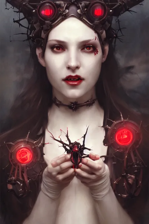 Prompt: Portrait of beautiful pale laughing succubus cyborg maiden with crown of thorns and glowing red eyes, steampunc, digital art from artstation by Ruan Jia and Mandy Jurgens and Artgerm and william-adolphe bouguereau