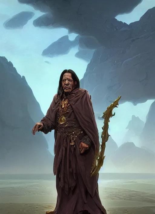 Image similar to Portrait of Danny Trejo, cloak, male, fantasy, extremely detailed, digital painting, artstation, concept art, smooth, sharp focus, illustration, stunning lighting, art by artgerm and greg rutkowski and alphonse mucha and simon stalenhag, realistic character concept, high fantasy, light atmosphere, golden ratio, cinematic lighting, hyperdetailed, high resolution, insanely detailed and intricate, artstation, Marc Simonetti, Greg Rutkowski, 8k