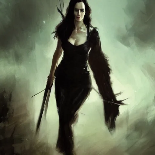 Image similar to eva green as yennifer, full body, dynamic pose, painted by greg rutkowski