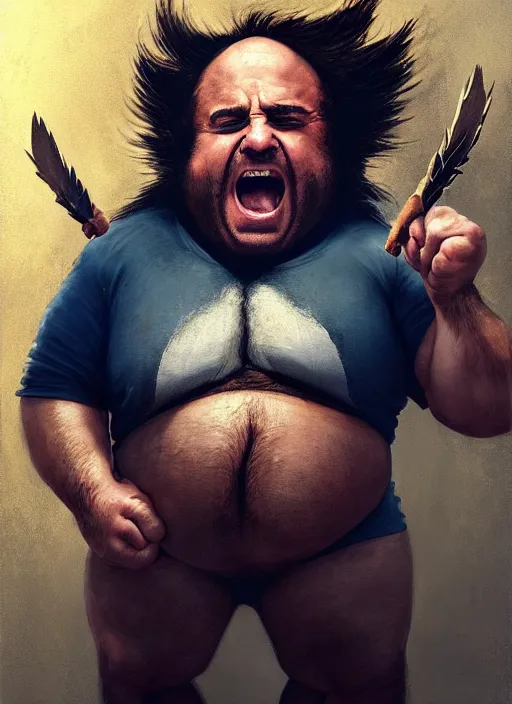 Image similar to Portrait of Fat Danny Devito with his belly sticking out as The Wolverine (2013), Hes screaming at the rain in the middle of the night road on his knees, He has Wolverine Claws, realistic, detailed, 4k by Greg Rutkowski Mark Arian trending on artstation