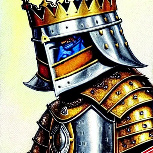 Image similar to knights armor, donald trump, crown!!!!!!, donald trump's face, detailed face, painting of a knight, boots!!!!!!, medieval castle background, valiant, by hans thoma