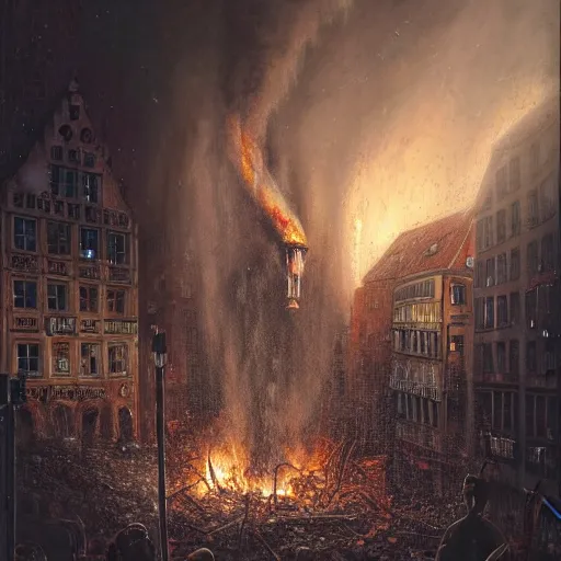 Image similar to a close detailed view of a jewish rabi screaming in panic!!!, city of munich destroyed by a meteor!!!, rubble!!, fires!! hyperrealistic, highly detailed, cinematic, foggy light from fires, beautiful, cgssociety, artstation, 8 k, oil painting by greg rutkowski, by artgerm, by wlop
