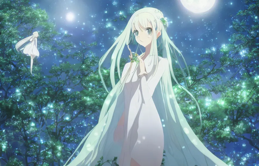 Image similar to Illyasviel holding floating green crystal | ghibli clover | Big Moon at Blue Night | Trees with white flowers | bioluminescent blue FLOWERS | strong blue rimlit | visual-key | anime illustration | highly detailed High resolution | Light Novel | Visual Novel | Gosick