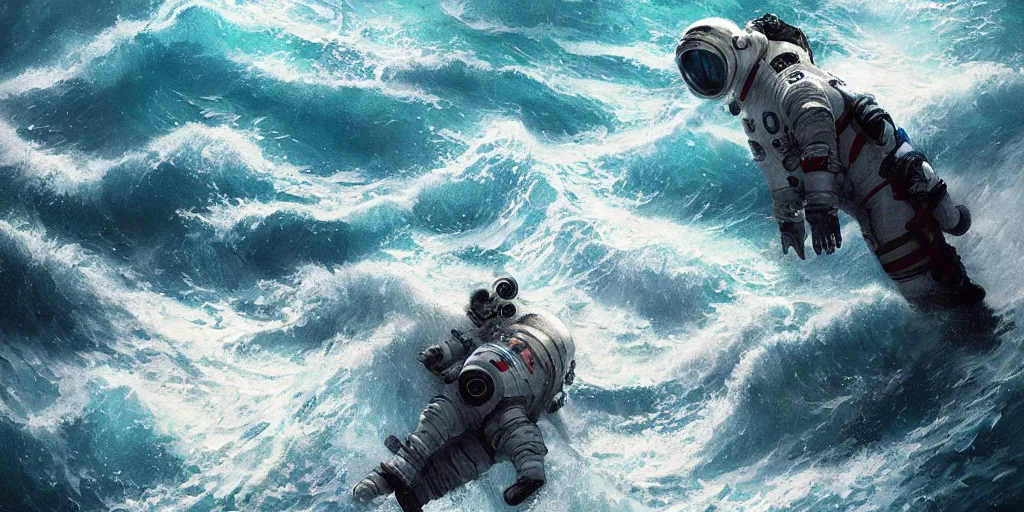 Image similar to an astronaut waist deep in the ocean,digital art,detailed,ultra realistic,art by greg rutkowski