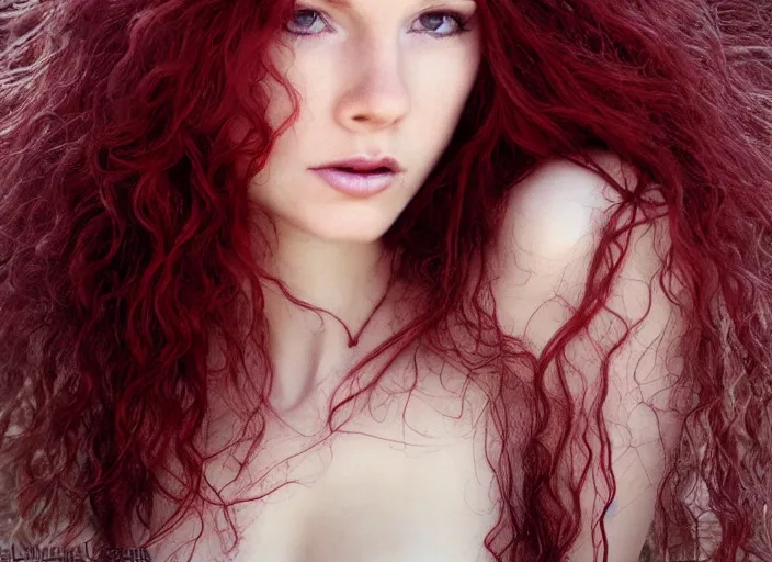 Image similar to award winning 8 5 mm close up face portrait photo of a redhead with maroon wavy hair in a part by luis royo.