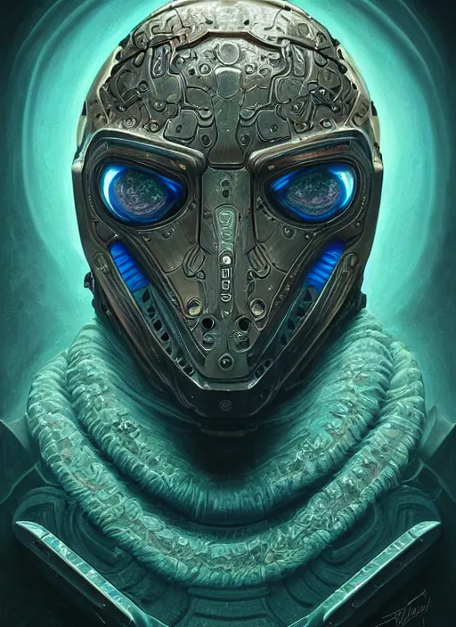 Image similar to cybernetic hockey mf doom reptile eyes, teal metal skin, modular synth body, intricate, elegant, highly detailed, centered, digital painting, artstation, concept art, smooth, sharp focus, illustration, artgerm, tomasz alen kopera, peter mohrbacher, donato giancola, joseph christian leyendecker, wlop, frank frazetta