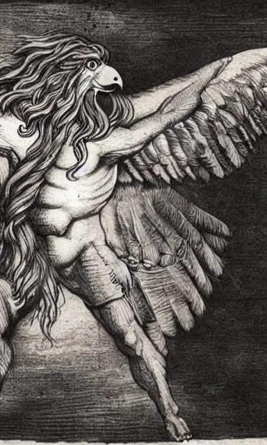 Image similar to human / eagle / lion / ox hybrid with two horns, one beak, mane and human body. drawn by da vinci