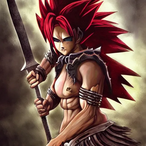 Image similar to realistic art style, saiyan girl, wild spiky red hair, long spiky hair, electrified hair, holding scimitar made of bone, scimitar, sword, jagged sword, curved sword, orkish sword, colorized, gray skin, hyper - detailed, primeval fantasy, prehistoric fantasy, drawn by frank frazetta