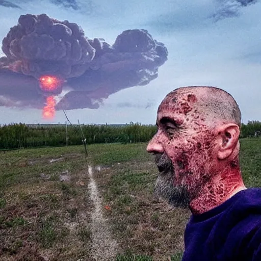 Image similar to radiation eats a ukrainian alive a selfie a second before death, against the backdrop of a huge nuclear explosion from which the skin has already burned to the bone