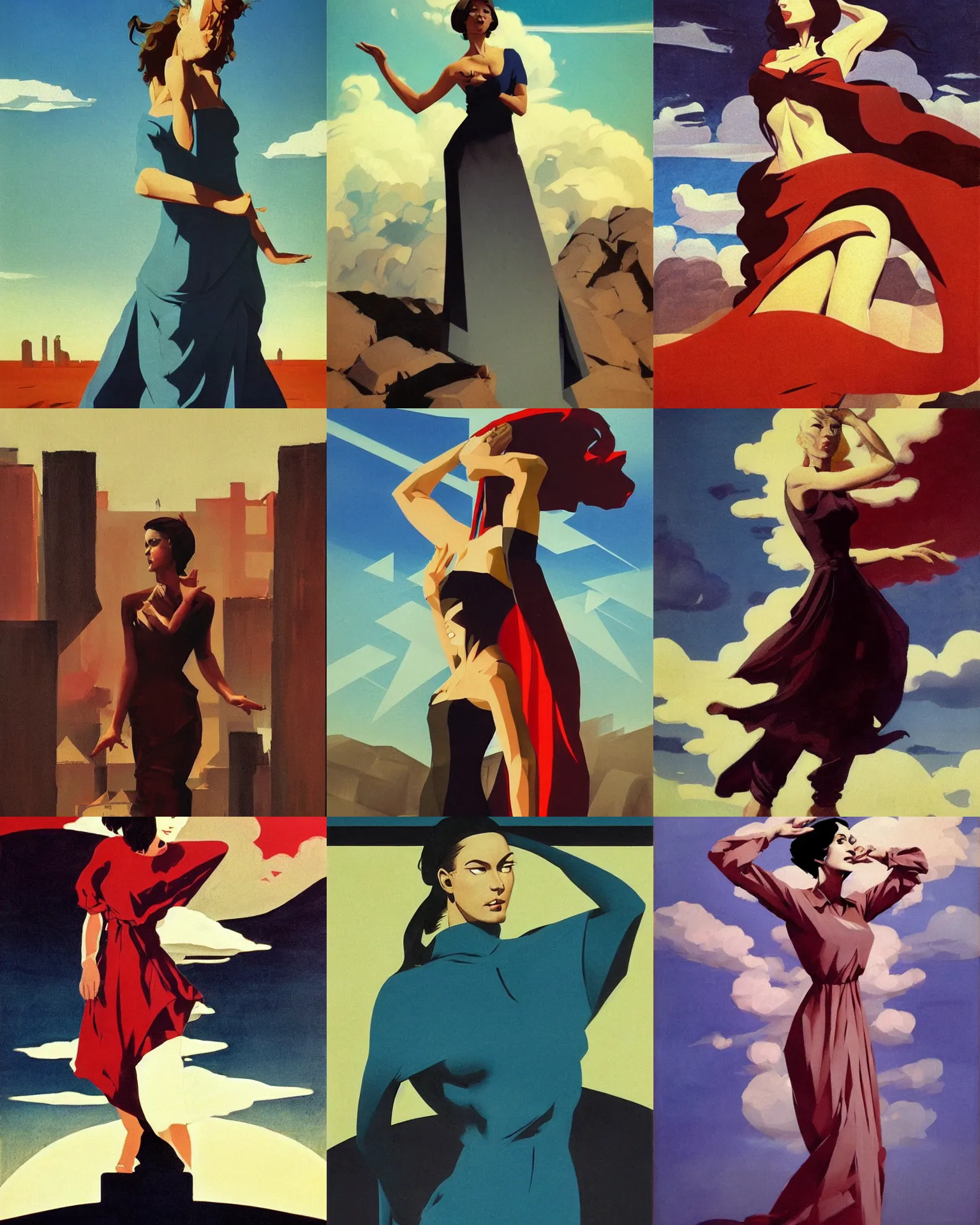 Prompt: woman portrait, female figure in maxi dress, sky, thunder clouds modernism, dynamic pose, dance, low poly, low poly, low poly, industrial, soviet painting, social realism, barocco, Frank Frazetta, Dean Ellis, Detmold Charles Maurice, 1993 anime,