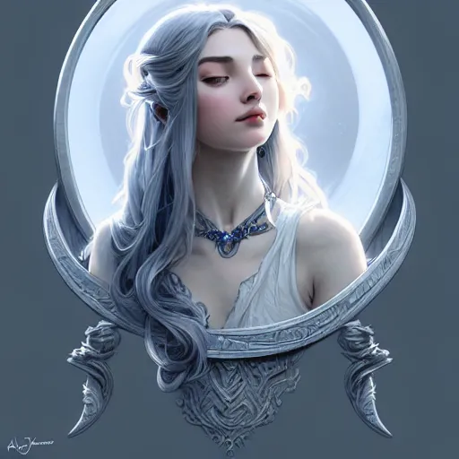 Prompt: closed eyes, aristocrat, white grey blue color palette, female, d & d, fantasy, intricate, elegant, highly detailed, long silver hair, digital painting, artstation, octane render, concept art, matte, sharp focus, illustration, hearthstone, art by artgerm, alphonse mucha johannes voss