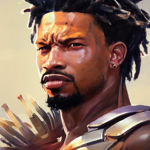 Prompt: greg manchess portrait painting of killmonger as an overwatch character, medium shot, asymmetrical, profile picture, organic painting, sunny day, matte painting, bold shapes, hard edges, street art, trending on artstation, by huang guangjian and gil elvgren and sachin teng