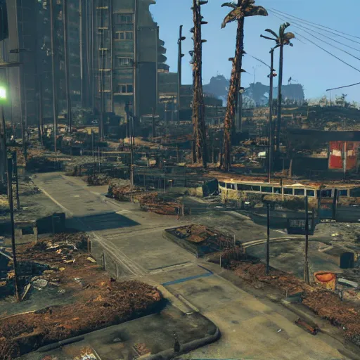 Image similar to Honolulu in ruins post-nuclear war in Fallout 4, in game screenshot