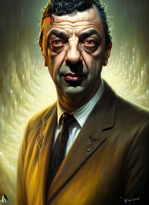 Image similar to lovecraft biopunk portrait of rowan sebastian atkinson by tomasz alen kopera and peter mohrbacher