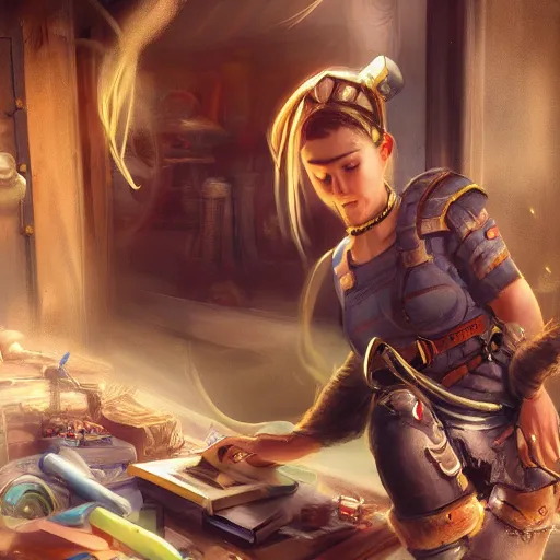 Image similar to An epic fantasy comic book style portrait painting of a young tinker girl working on a device in her workshop, unreal 5, DAZ, hyperrealistic, octane render, cosplay, RPG portrait, dynamic lighting