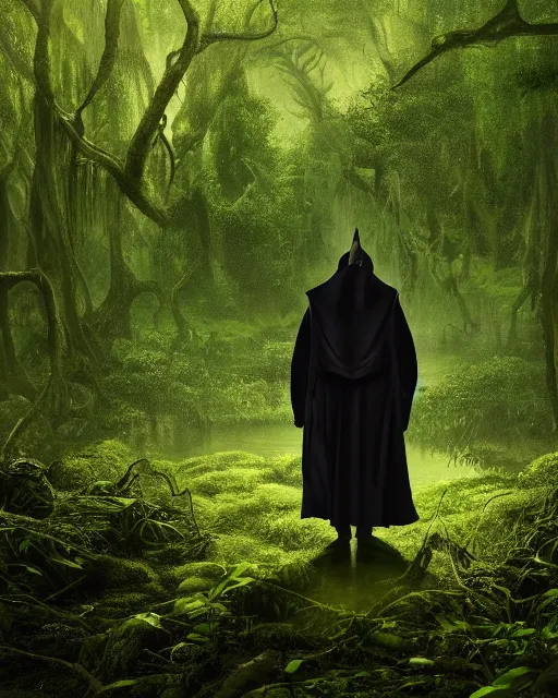 Prompt: a wise wizard walking towards an ominous swamp in a densely overgrown, eerie jungle, fantasy, stopped in time, dreamlike light incidence, ultra realistic