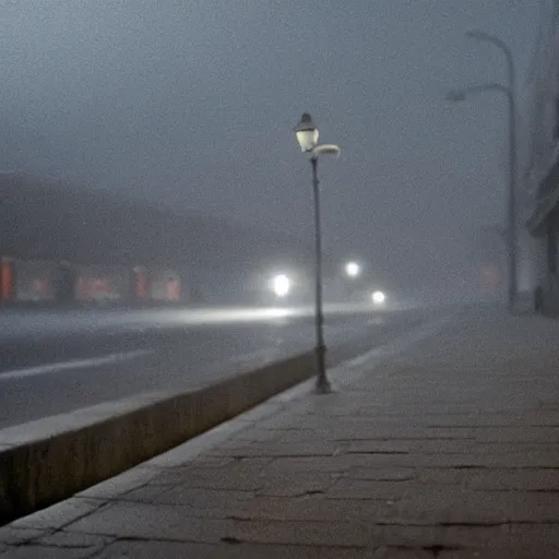 Prompt: close - up of a lonely duck under a street light, fog, still from a movie by bong joon - ho