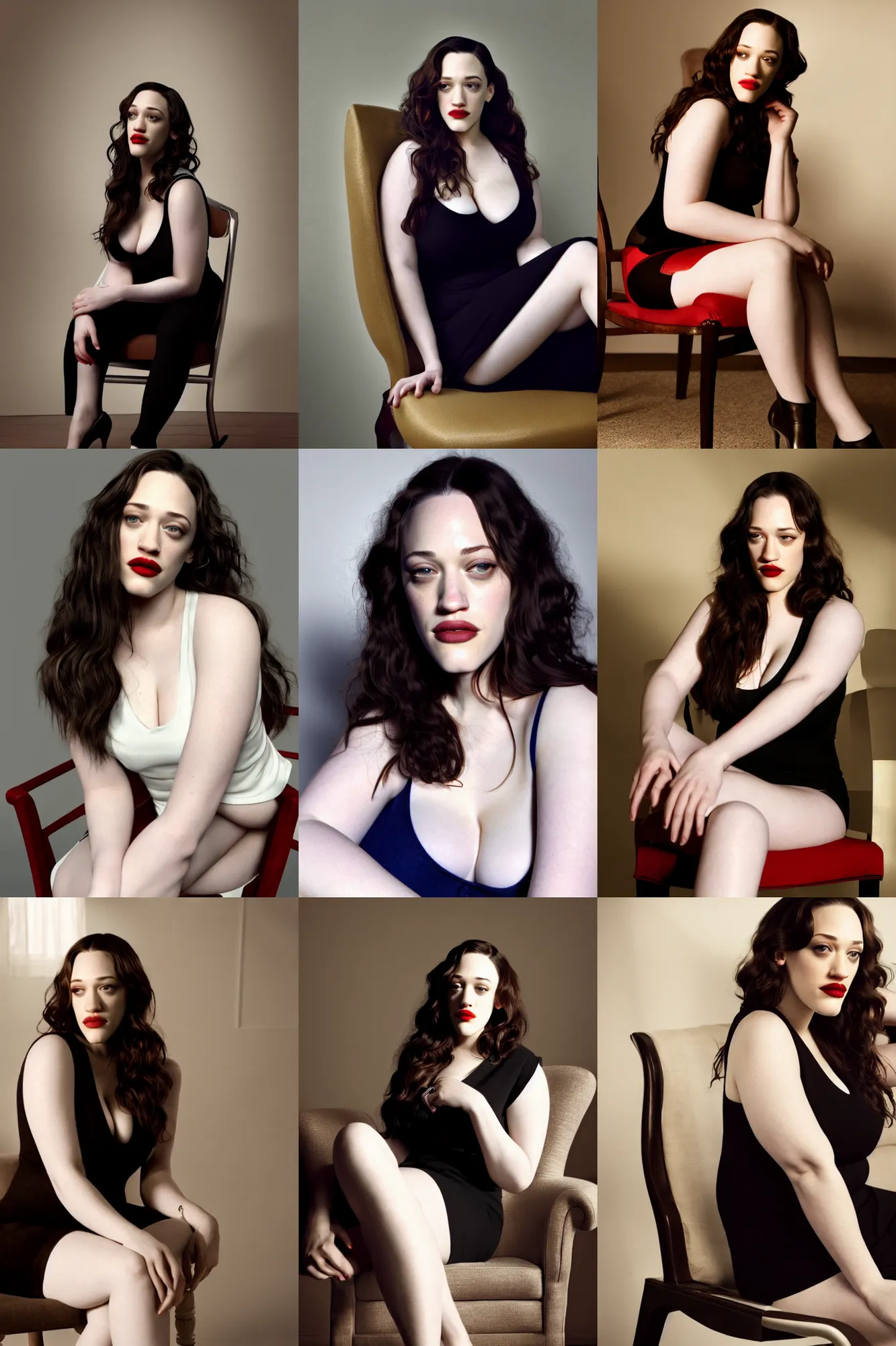 Prompt: Kat Dennings in a low-cut tanktop sitting seductively on a chair, professional photoshooting, highly detailed and hyperrealistic, octane render, 4k, volumetric lighting, stunning sight