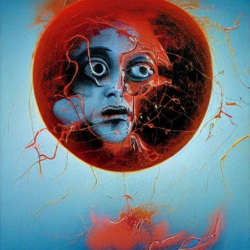 Image similar to a sphere being devoured by abstract splatters of paint in the style of francis bacon, venus being engulfed in flames in front of a female face in the style of james jean, surreal, beksinski, high detailed