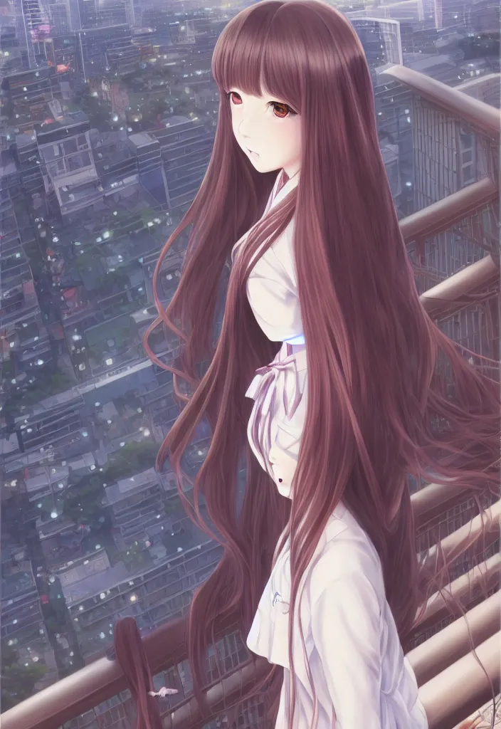 Image similar to beautiful full body portrait of a lone anime female with long flowing hair, wearing Japanese school uniform, standing on a balcony overlooking downtown Tokyo, D&D, fantasy, intricate, elegant, highly detailed, digital painting, artstation, concept art, smooth, sharp focus, illustration, art by ilya kuvshinov and WLOP and Ruan Jia and Krenz Cushart and greg rutkowski and alphonse mucha