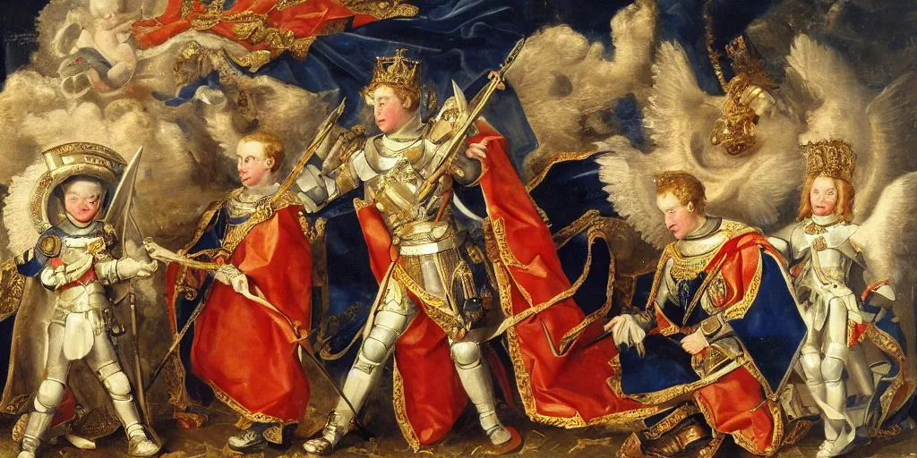 Prompt: painting of prince william, duke of cambridge wearing knight's armor with heavenly angels surrounding him