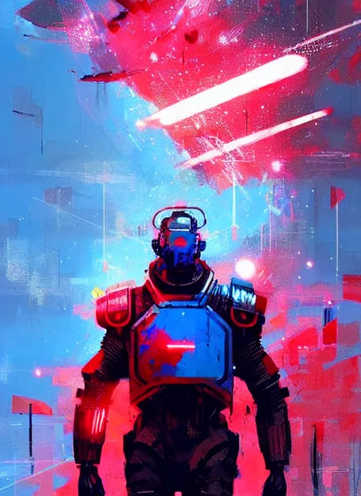 Prompt: sci - fi art, dolph lundgren as armored warrior, blue and red in the background, art by ismail inceoglu