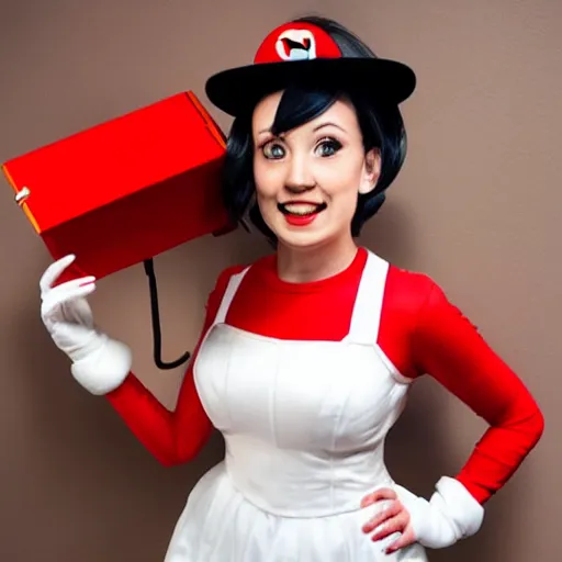 Image similar to a woman cosplaying nintendo mario in an opera gown