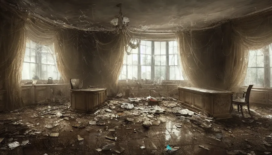 Image similar to abandoned oval office with broken windows covered by cobwebs, destroyed furnitures, dusty floor, old torn curtains, lights through windows, hyperdetailed, artstation, cgsociety, 8 k