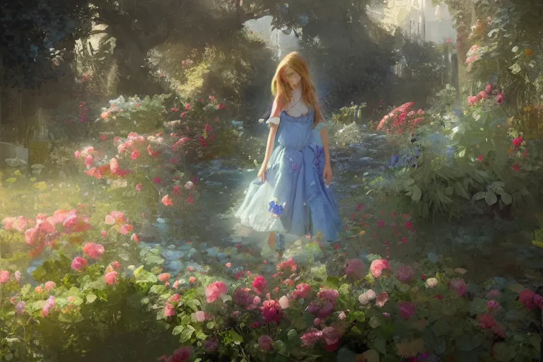 Image similar to a beautiful painting of blue roses garden, girl, by greg rutkowski, trending on artstation