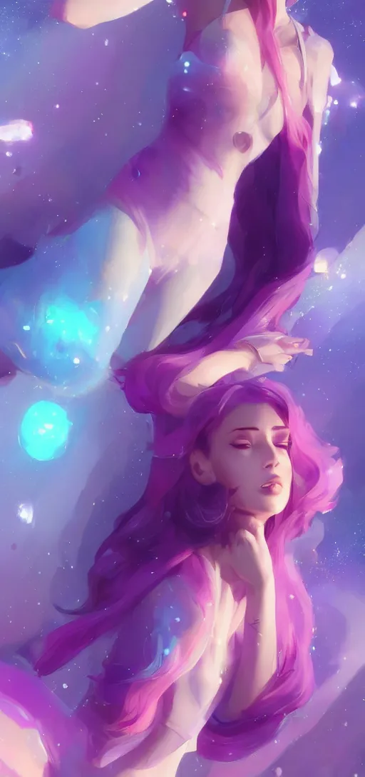 Image similar to beautiful woman floating in space peacefully, crystallized bodysuit, pinks blue an purples, extra long hair, full body, wojtek fus, by Makoto Shinkai and Ilya Kuvshinov,