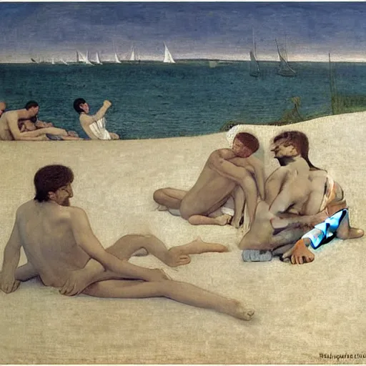Prompt: young men by the beach by Puvis de Chavannes