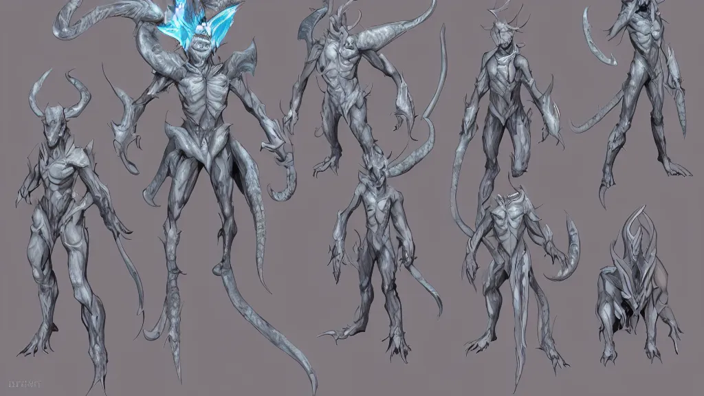 Image similar to a fantasy white and pale blue draconian demon with bright eyes character design sheet, trending on artstation