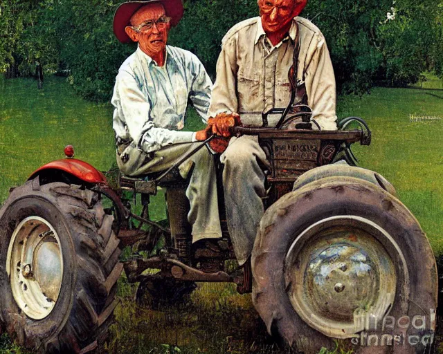 Image similar to high quality high detail painting by norman rockwell, hd, old man on tractor, muted pastel colors, photorealistic lighting