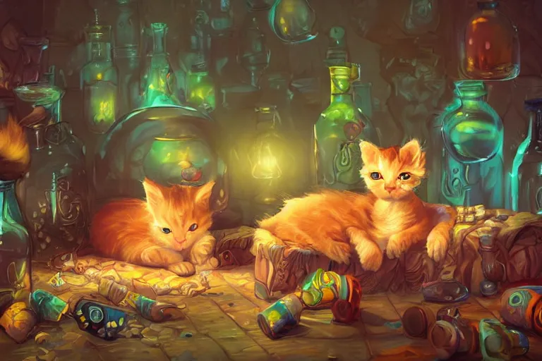 Image similar to adorable kitten curled up asleep amidst potion bottles, 8k resolution matte fantasy painting, warm lighting, bokeh, DeviantArt Artstation, by Lisa Ravenscroft and Ross Tran and Lisa Frank and Tony DiTerlizzi