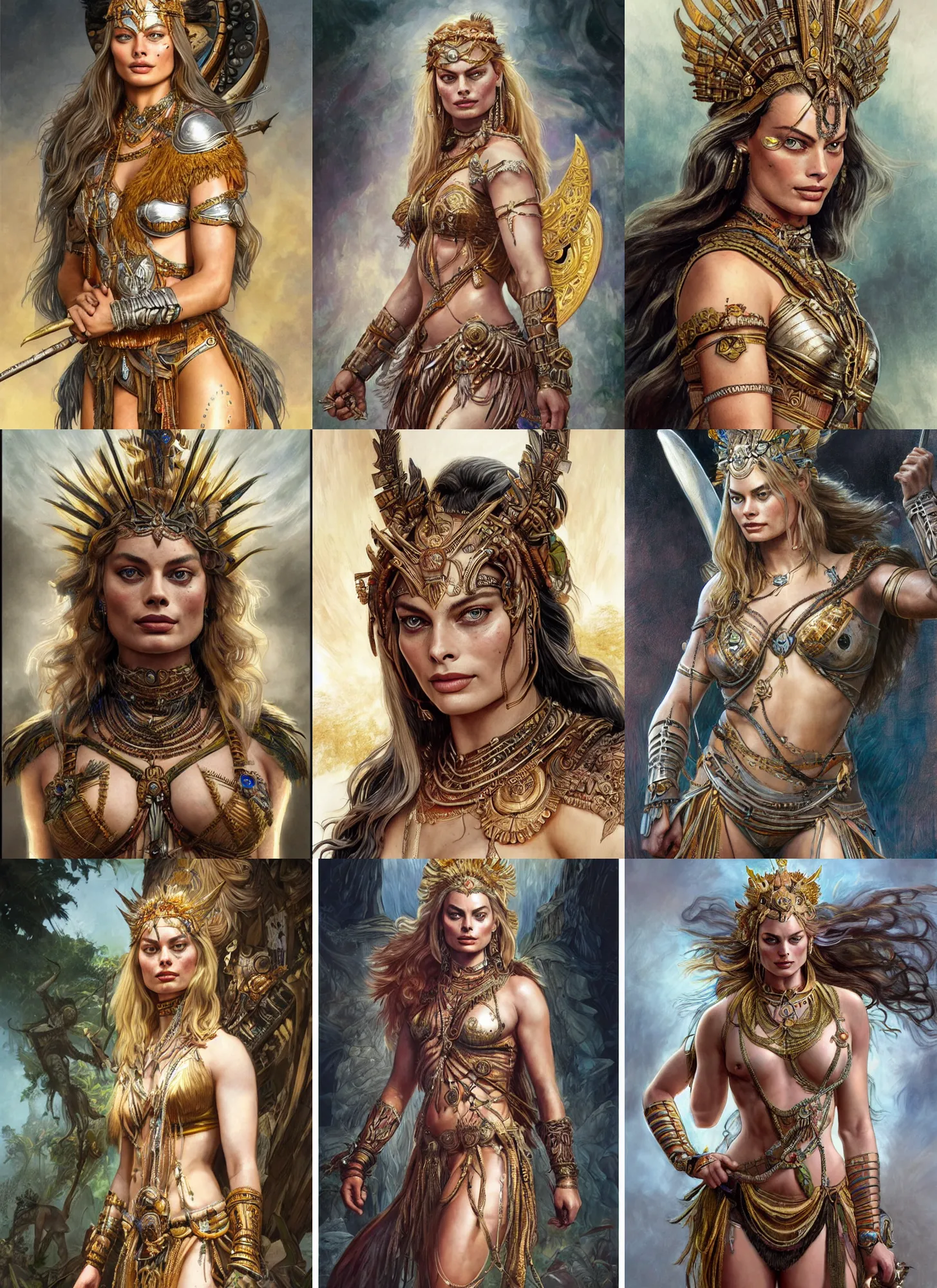 Prompt: Margot Robbie as an Amazon Warrior Goddess, cute, fantasy, intricate, elegant, highly detailed, digital painting, 4k, HDR, concept art, detailed jewelry, smooth, sharp focus, head and waist potrait, art by Artgerm and H R Giger and Greg Rutkowski and Alphonse Mucha