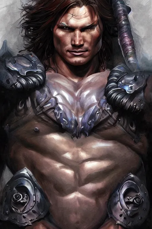 Image similar to face and torso portrait of pretty muscular sam winchester as a dark mage warrior tattooed, d & d!, fantasy style, sharp focus!, ultra detailed, art by artgerm and peter andrew jones, wlop