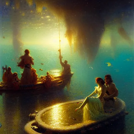 Prompt: you are at the bottom of the ocean looking up, see fishes swimming, the milk way, night time, midnight. highly detailed painting by gaston bussiere, greg rutkowski 8 k