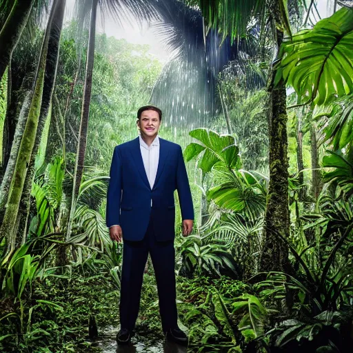 Image similar to 4 k hdr full body wide angle sony portrait of ron desantis in a tropical bali jungle shower with moody stormy overcast lighting