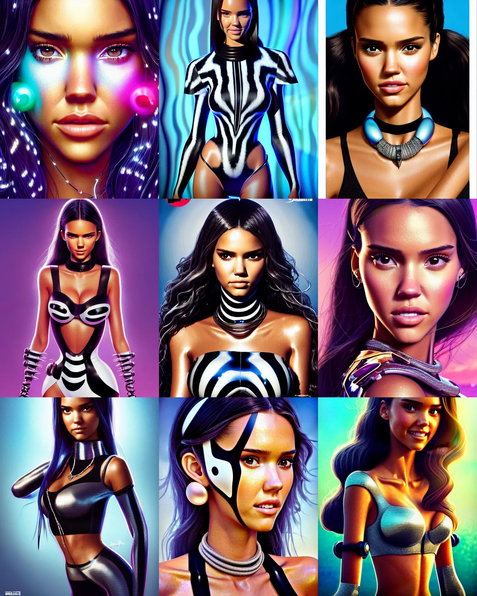 Prompt: disney pixar movie still portrait photo of jessica alba, kendall jenner, madison beer, adriana lima, ariana grande, wearing elaborate jewelry! : : as zebra cyborg woman by weta : : by greg rutkowski, wlop, ilya kuvshinov, rossdraws, artgerm, rave makeup, maxim cover, unreal engine, sweaty, pearlescent : :