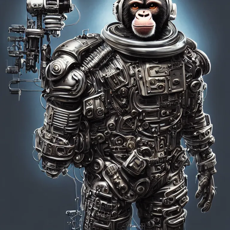 Image similar to a portrait of a muscular anthropomorphic cyberpunk chimp in spacesuit armor with ensignia on chest plate by sandra chevrier, by jon foster, detailed render, pistol in holster, extremely hyperdetailed, tape deck, epic composition, cybernetics, 4 k realistic, cryengine, realistic shaded lighting, sharp focus, masterpiece, by enki bilal