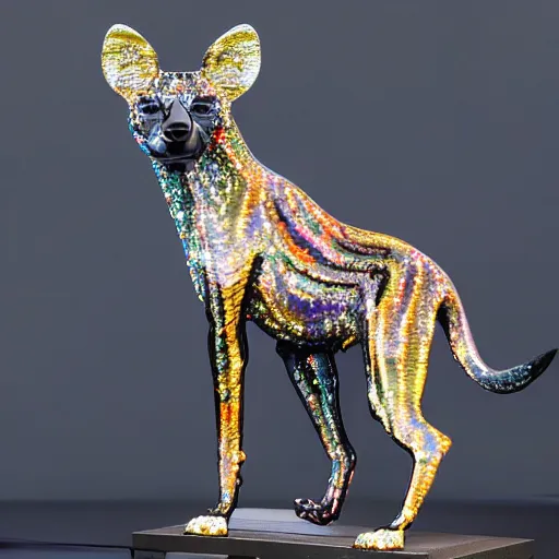 Prompt: swarovski solid crystal statue of african wild dog, high octane render, photo realistic, 50mm, vibrant color, rainbow caustic lighting, product display